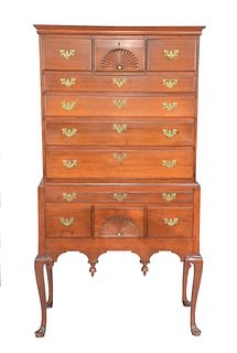 Queen Anne Cherry Flat Top High Chest in two parts, having cornice moldings over three short drawers with center shell over four gra...