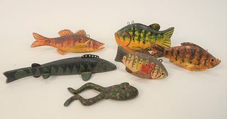 Group of Six Decoys hand painted, carved wood with metal fins, five are fish, one is a frog.
smallest length 5 inches, longest lengt...