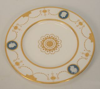 Fifteen Minton Pate-Sur-Pate Porcelain Group to include fourteen dinner plates by Albion Birks, each having raised gilt classical dr...