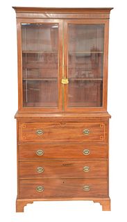 George III Mahogany Butlers Secretary Desk in two parts, upper section with two glass doors set on lower section with butlers desk o...