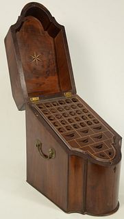 Mahogany Knife Box having oval panel inlaid top and two brass handles.
height 14 1/2 inches, width 9 1/4 inches.