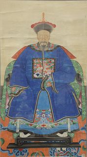 Framed Chinese Ancestral Portrait Painting, 19th century, watercolor on paper depicting ancestor portrait of man seated wearing blue...