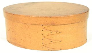Shaker Five Finger Box, large oval bentwood having five fingers and copper tacks.
height 5 1/8 inches, top 9 3/4" x 13 1/2".