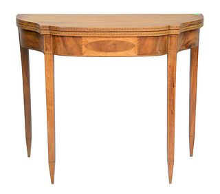 Federal Mahogany Games Table having D-shaped top over conforming frieze with oval panel inlay all set on square tapered legs with do...