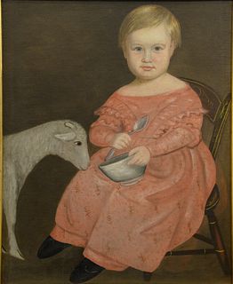 Aaron Dean Fletcher (1817 - 1902) oil on canvas portrait of Henry Fletcher Barry, toddler wearing pink dress holding pewter bowl and...