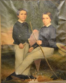 Full Length Double Portrait of brothers, one boy holding a bow and the other holding a kite, having farm landscape background, 19th ...