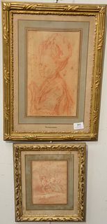 Two Framed Sanguine, 19th C. French School to include "A Courting Scene", 7" x 5 1/4"; sanguine on paper, unsigned and Trinquesse po...