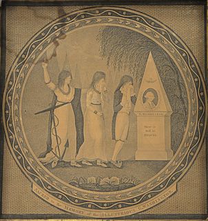 Framed Washington Mourning Engraving depicting the tomb of George Washington with weeping figures of a woman and man, T. Clark sculp...