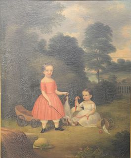 American primitive portrait painting, oil on canvas, depicting two young girls out for a stroll with a dog, having river landscape i...