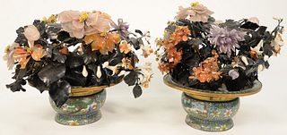 Pair of Large Chinese Jade Trees, Leaves and Flowers formed from jade, amethyst, carnelian, rose quartz and other hardstone in round...