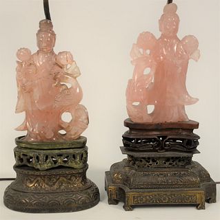 Two Chinese Rose Quartz Figures carved Guanyin with phoenix birds, on metal bases, made into table lamps.
total heights 28 1/2 inche...