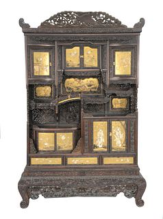 Japanese Meiji carved and painted cabinet having gilt painted doors with bone and mother of pearl inlays featuring figures, birds, a...