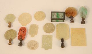 Group of Chinese Hardstone to include seven plaques, Jadeite box and finial along with two hardstone finials.
largest 3" x 2 1/4". P...