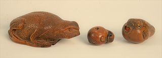 Three Carved Wood Japanese Pieces, to include oversize carved tadpole netsuke (missing eye), length 2 1/4 inches, signed on bottom; small carved tadpo