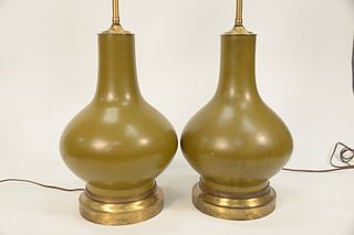 Pair of Chinese Porcelain Vases, bottle form in tea dust green glaze.total height 25 inches, vase height 13 inches.