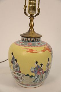 Chinese Famille Rose Porcelain Vase having painted courtyard scene with Guanyin made into a table lamp.
height 20 1/4 inches, vase h...