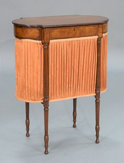 Astragal End Mahogany Work Table having hinged top opening to reveal three dovetailed dividers lifting out to opening in bag, top of...