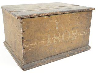 English Painted Box having lift top with dovetailed corners and molded base, dated 1802 with history inside of Thomas Billam Family ...