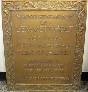 Large Bronze Plaque "In Appreciative Memory of L. Emmett Holt (1855 - 1924) Physician Teacher Friend of Children...", 29 1/2" x 24"....