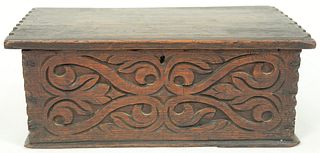 Rare Diminutive Oak Box with hinged lid, front with "S" scrolls, attributed to Thomas Dennis, Ipswich, Massachusetts, 1670 - 1700, c...