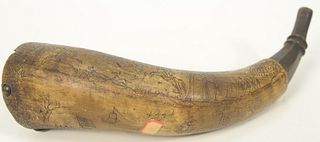 18th Century Scrimshaw Powder Horn, David 1764, depicting landscape with castle flying British flag, ships and a small castle on one...