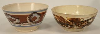 Two Pearlware Mocha Bowls, to include one with tri-colored cable or worm decoration, height 3 1/4 inches, diameter 6 1/2 inches, the...