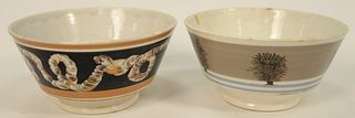 Two Pearlware Mocha Bowls, to include one with tri-colored cable or worm decoration, height 3 3/4 inches, diameter 7 1/4 inches the ...