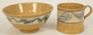 Two Pieces of Yellowware, to include mug with blue seaweed decoration, height 3 5/8 inches and a bowl with blue seaweed decoration, ...