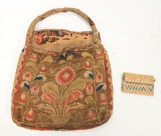 Two Needlework Pieces to include purse or sweet bag having flower in a planter motif with flowers on each side, closing flap top and...