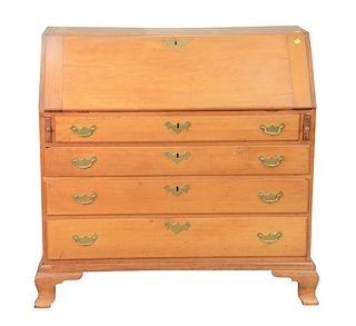 Chippendale Cherry Desk having slant lid over four drawers all set on ogee feet, interior with fan carved door flanked by drawers, 1...