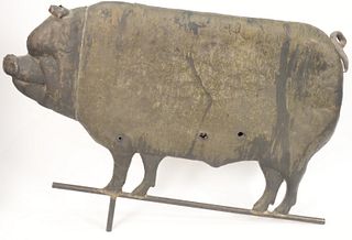 Pig Copper Full Body Weathervane with turned face, three bullet holes. height 23 1/2 inches, length 33 inches.
Estate of Diana Atwoo...