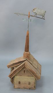 Two-story Birdhouse with tall steeple mounted with pig weathervane.
total height 46 inches, building height 17 1/2 inches x 18 inche...