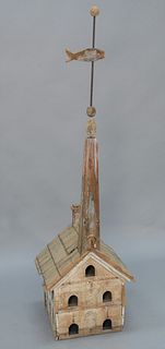 Three-story Birdhouse with tall steeple mounted with wood fish weathervane in old white paint.
total height 71 inches, house 16 1/2"...