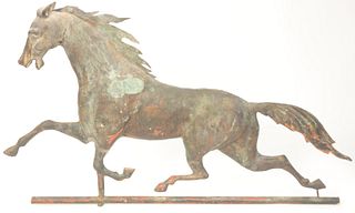Running Horse copper full bodied weathervane having a zinc head, (finish as is).
height 17 1/2 inches, length 29 inches.
Provenance:...
