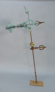 Arrow Copper Weathervane with sphere and cone point on top.
total height 72 inches, length 36 inches.
Provenance: From the Marjorie ...