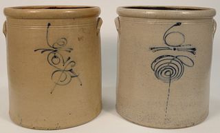 Two Stoneware Crocks, six gallon each with cobalt blue decoration, one drilled, one chip at base.
height 13 1/2 inches.
Provenance: ...