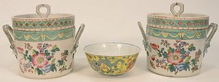 Three Piece Chinese Porcelain Group to include pair of Famille Rose covered pots, height 8 3/4 inches, with painted flowers along wi...