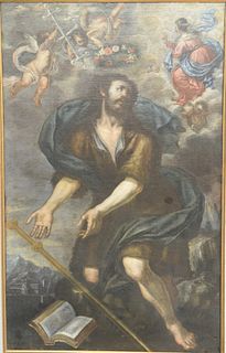 Portrait Painting of St. James, oil on canvas having cherubs placing a chaplet on his head amongst faces in the clouds, School of Si...