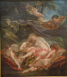 Circle of Francois Boucher, oil on canvas, Pan and Syrinx or Nymph or Nymph and Satyr, 18th century or after, unsigned, (relined) 40...