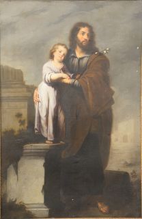 St. Joseph and Jesus, oil on canvas, 19th century or older, unsigned, label on verso "The Reverend Canon A Silva-White", 49" x 32"