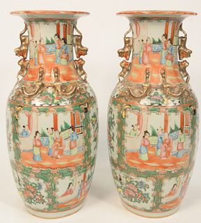 Pair of Rose Medallion Vases with flared rims and gilt foo dog handles.
height 17 inches.
Provenance: From the Robert Circiello Coll...