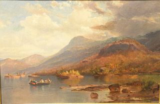 Johann Carmien (1810 - 1867), Hudson River Valley, oil on canvas, noble couple being rowed across river in leisurely fashion in orig...