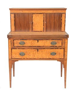 Federal Mahogany Tambour Desk in two parts, upper portion with a central birdseye maple door flanked by tambour doors over lower por...
