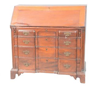 Chippendale Mahogany Block Front Desk having slant lid over four block front drawers flanked by fluted columns set on bracket feet (...