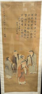 Asian Watercolor on Silk of five scholars, signed and titled, framed.
image 41 1/2" x 16".
Provenance: The Estate of Ed Brenner, Sho...