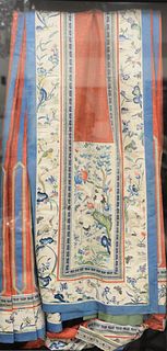 Chinese Silk Embroidered Wall Hanging or Panel having red silk ground, white border embroidered with birds, cranes and flowers, fold...