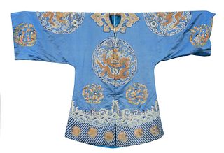 Chinese Silk Embroidered Dragon Kimono Robe, blue silk having four panels with five claw dragons in gold thread and eight panels hav...