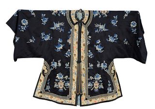 Chinese Silk Embroidered Robe, navy blue with embroidered flowers and phoenix birds in multiple shades of blues and a white border w...