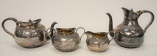 Four Piece Martin, Hall & Company Silver Tea Service to include teapot; coffee pot; sugar with handles, gold wash interior; creamer ...