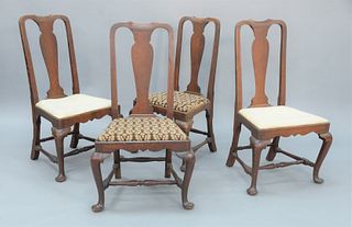 Set of Four Queen Anne Cherry Side Chairs having cabriole legs ending in pad feet with block and turned stretchers, descended in Starr Hotchkiss Famil